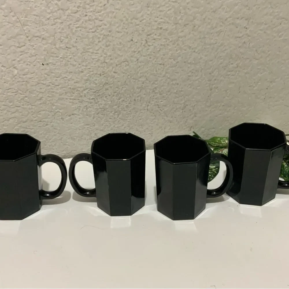 Set 4 ARCOROC Glass BLACK OCTIME Octagon 10oz Coffee MUG Tea CUP France G1